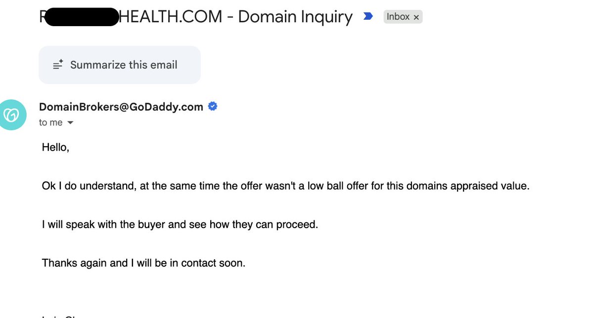 DomainJames's tweet photo. I have a ____Health.com name, currently unlisted on afternic (due to changing my names around). GD broker contains me with a $750 offer, which I reject explaining the name is priced higher but serious offers welcome, etc. They responded with the below, citing the domain 'appraised value'.  Strange response, considering a few companies operate on this brand in health space, including a good sized US health business operating on the .org...