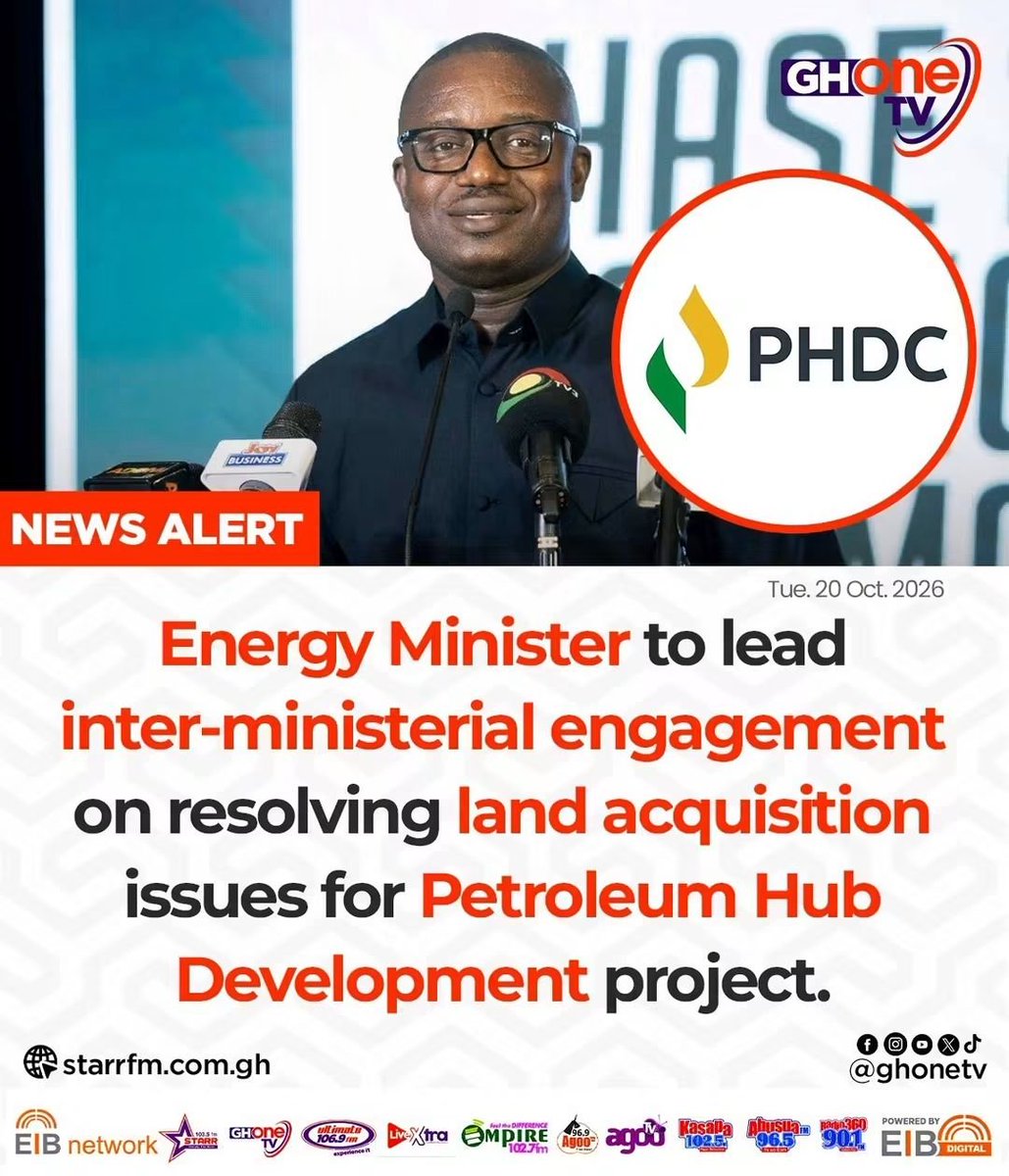 Kasapafm1025's tweet photo. Energy Minister to lead inter-ministerial engagement on resolving land acquisition issues for Petroleum Hub Development project.
#GHOneTV
#KasapaFM #EIBNetwork
#AgooTV #NewsAlert https://t.co/CdtTK0vGMV