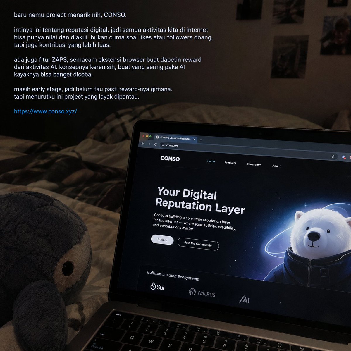 Icacecan's tweet photo. been looking into CONSO lately 👀

the idea is pretty interesting. we spend so much time online, using AI and creating things, but most of that activity doesn't really count for much beyond the moment.

CONSO is trying to make digital activity and reputation more meaningful.

still early, so i'm not expecting anything crazy yet. just curious to see how this develops.

definitely one to keep an eye on 🐻‍❄️

@conso_xyz