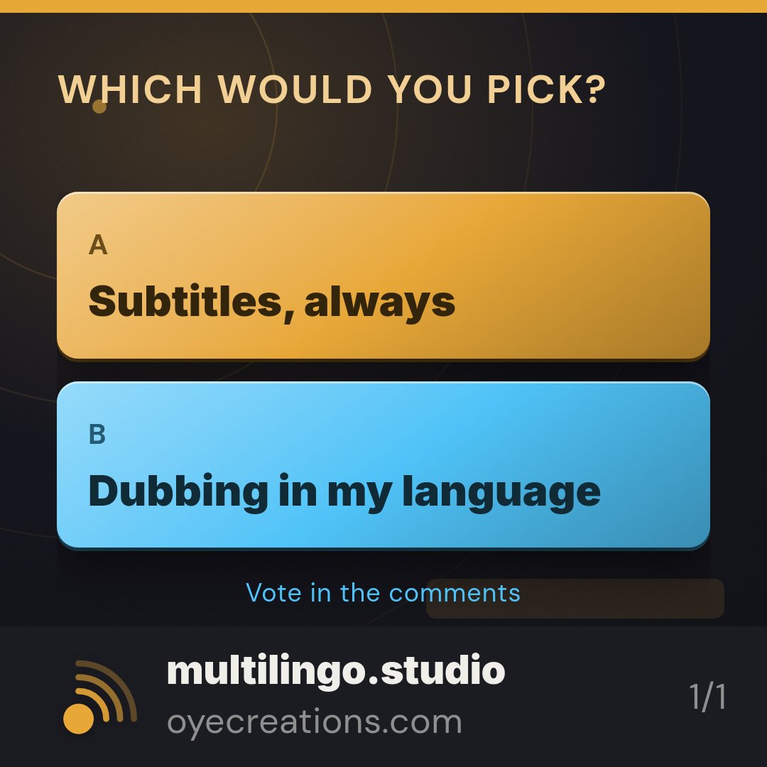 multilingostu's tweet photo. Dubbing kills the original performance. Subtitles let you hear the actor's actual voice, tone, and soul. Which side are you on?

@multilingostu

#translation #languagelovers #multilingual #languageisculture #multilingo https://t.co/ihnmrYYth4