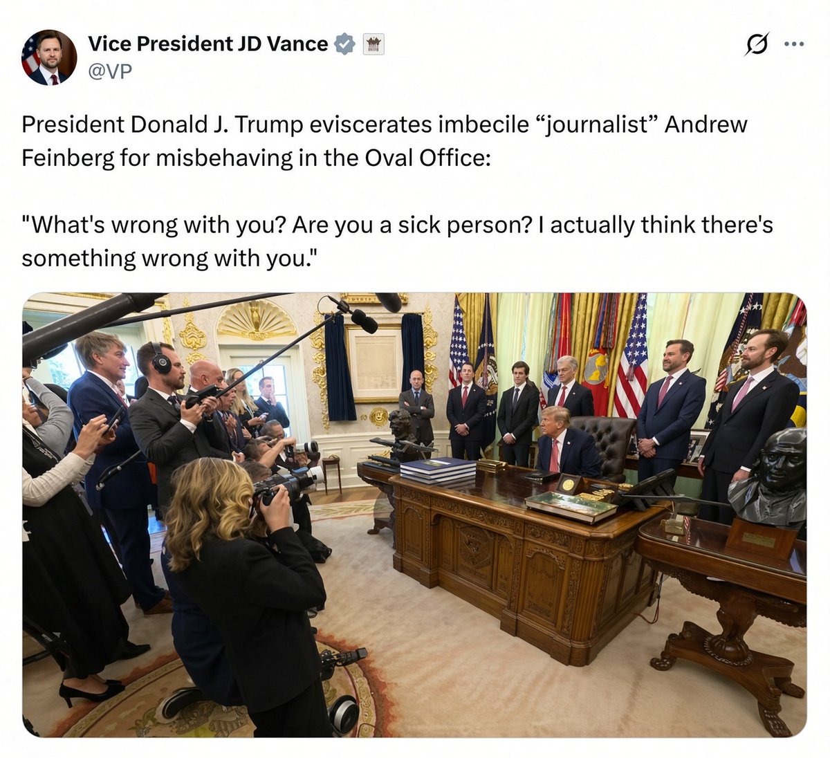 maddenifico's tweet photo. Not a day goes by without Trump and his cabinet of cocksplats embarrassing this nation. No administration in U.S. history has humiliated itself more than this corrupt, authoritarian shitshow. In fact, the most honest JD Vance has ever been was the day he branded Trump "America's Hitler." But as journalists lose their fear of the psychotic ass-tick and finally call out his relentless lies and bullshit, the threat of fascism weakens — and democracy grows stronger.