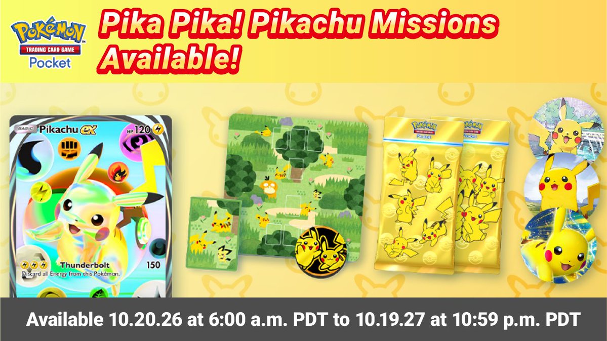 PokemonTCGP's tweet photo. Special Pika Pika! Pikachu missions are now underway ⚡

Commemorate 30 years of the Pokémon Trading Card Game with event missions ✨

Get an exclusive Pikachu ex immersive card illustrated by YOSHIROTTEN, Pika Pika! Pikachu booster packs, and more 🙌 https://t.co/FgJq9Ow19b