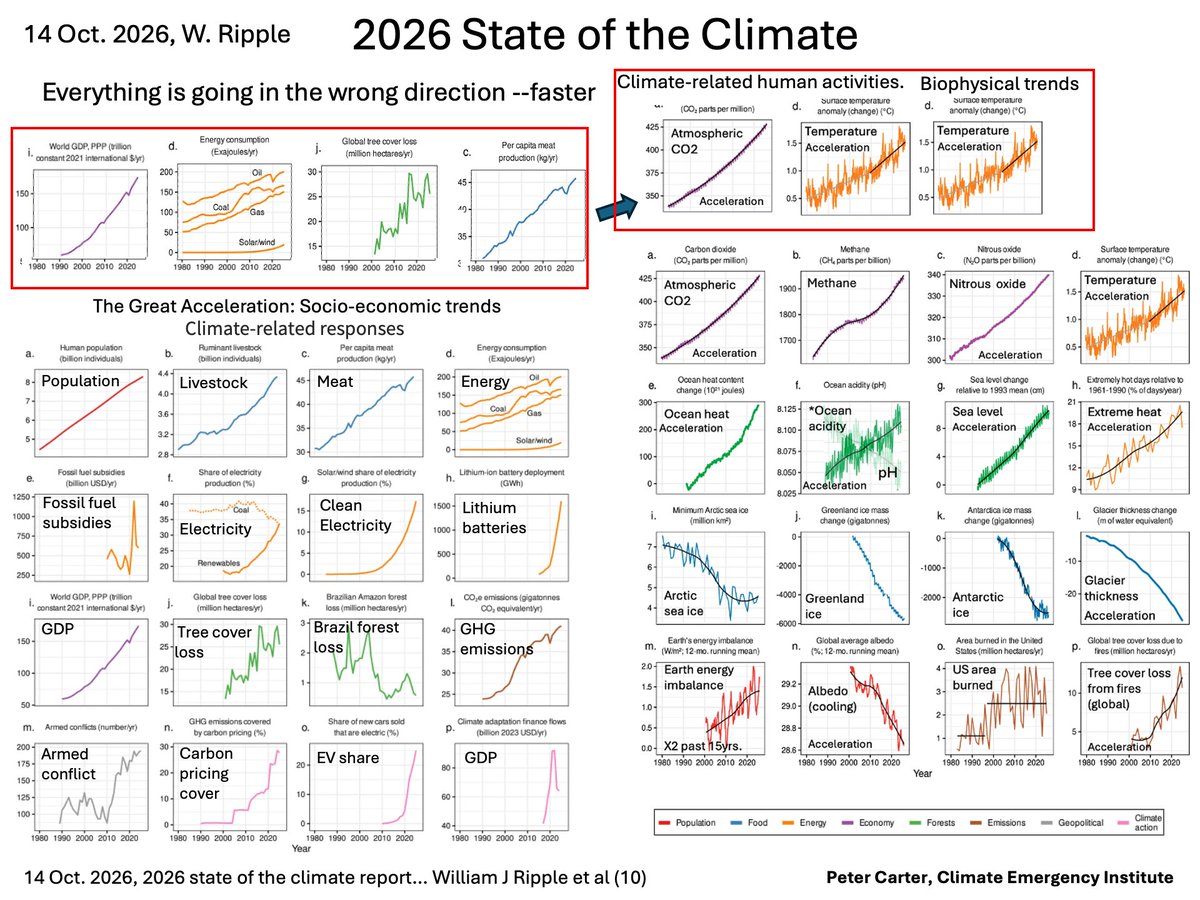 PCarterClimate's tweet photo. RECORDING THE DESTABILIZATION OF EARTH'S CLIMATE
2026 State of the Climate Report, Bill Ripple, Michael Mann, Johan Rockström et al. 2 sets of graphs. One: accelerating destabilization of the climate system and biosphere. The other: Human activities causing the destabilization that leads to biosphere. collapse.https://t.co/VLY6BFvXWS #environment #climatechange #globalwarming