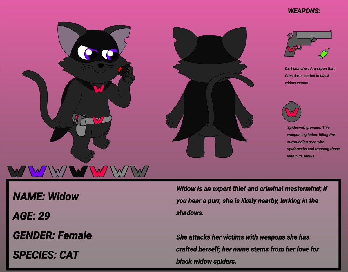 RayMouse2000's tweet photo. Widow the Cat (reference sheet)

Finally, my first female character—she is pure evil; let’s see who her first victim will be.

Welcome Widow the Cat https://t.co/gpEueyUbHJ
