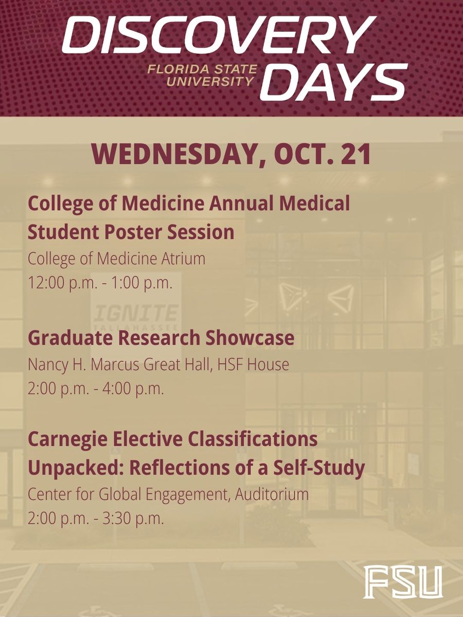 FSUResearch's tweet photo. Big ideas are taking center stage at #FSUDiscoveryDays today!

🔥 IGNITE Tallahassee open house
💡 “Shark Tank”-style pitches at Discovery Challenge
✨ And much more!

See what’s happening ➡️ https://t.co/dzrBHjcAs8

#FSUResearch | @IGNITEFSU https://t.co/fKbsb0hvL9