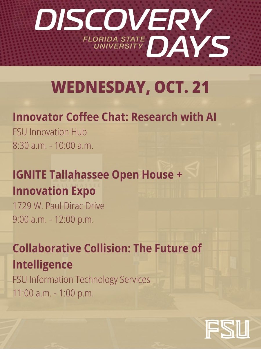 FSUResearch's tweet photo. Big ideas are taking center stage at #FSUDiscoveryDays today!

🔥 IGNITE Tallahassee open house
💡 “Shark Tank”-style pitches at Discovery Challenge
✨ And much more!

See what’s happening ➡️ https://t.co/dzrBHjcAs8

#FSUResearch | @IGNITEFSU https://t.co/fKbsb0hvL9