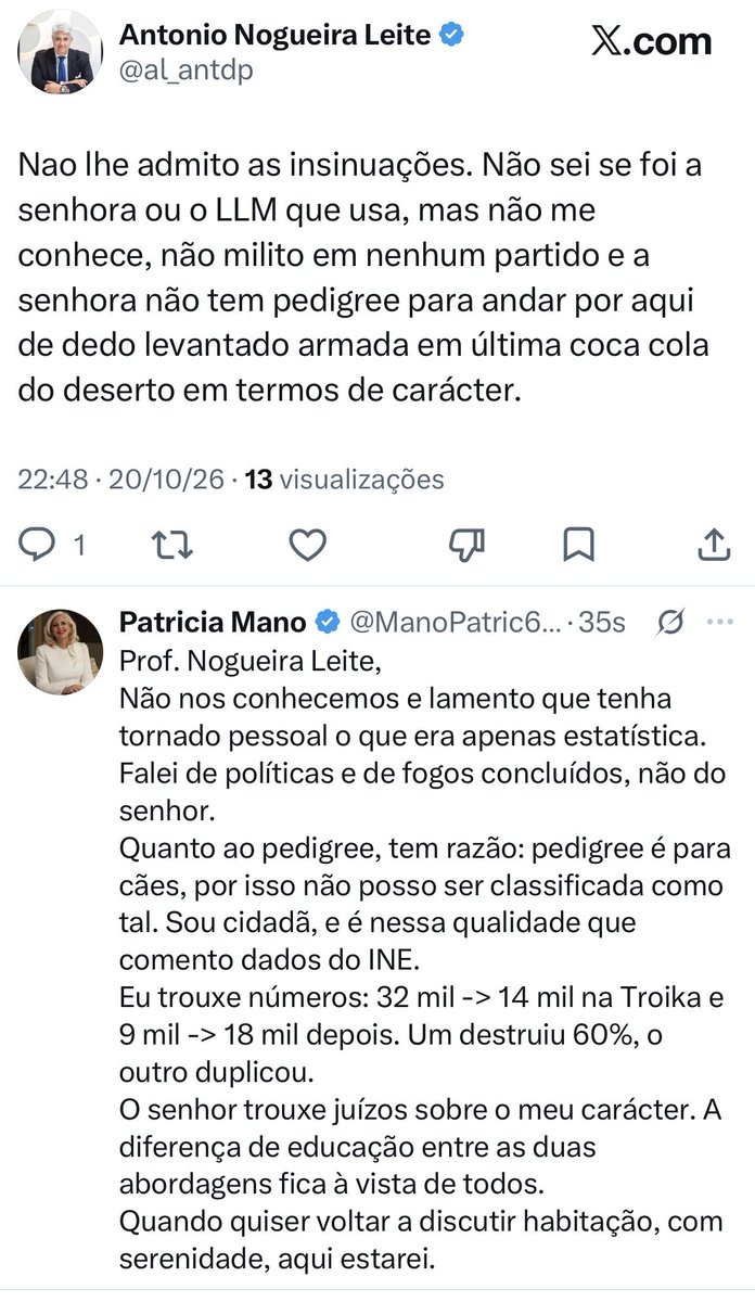 ManoPatric61990's tweet photo. Fiz uma correção. Recebi uma ofensa.
O Prof. António Nogueira Leite publicou que entre 2015 e 2019 se fizeram "59 habitações em 4 anos", com este gráfico em anexo.
O gráfico que ele próprio partilhou diz no rodapé: "Médias quinquenais, não valores anuais observados. Fonte: INE - Programa Nacional de Habitação, Lei 2/2024, Quadro 9".
59 não é o total da legislatura. É a média por ano de habitação com apoio público. O total do quinquénio são 295. E 2015, incluído no gráfico, teve 11 meses de governo PSD/CDS. A geringonça só toma posse a 26 de Novembro.
Limitei-me a corrigir isso, com números do INE de fogos concluídos - o total de casas do país, não só as com apoio público:
32 mil em 2011 para 14 mil em 2014, uma queda de 60% durante a Troika.
9 mil em 2015 para 18 mil em 2019, a duplicar depois.
Não falei do senhor. Falei de fogos, de médias e de totais.
A resposta que recebi não foi sobre números. Foi sobre o meu carácter, sobre não ter pedigree, sobre estar armada em última coca-cola do deserto e sobre se o texto era meu ou de um LLM.
Lamento que tenha tornado pessoal o que era apenas estatística. Pedigree, como lhe respondi, é para cães. Eu sou cidadã e é nessa qualidade que comento dados públicos.
Não o acusei de desonestidade. Apontei um enquadramento errado. Ele queixou-se de falsos juízos de intenção, depois de ter feito juízos sobre a minha intenção.
Ficam os números, para quem os quiser consultar. Quando quiser voltar a discutir habitação com serenidade, aqui estarei