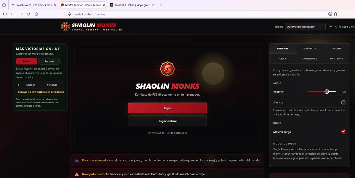 Slayoner's tweet photo. Ya están listos para jugar desde navegador y con online:
WWE SmackDown! Here Comes the Pain
Mortal Kombat: Shaolin Monks
Burnout 3: Takedown

mañana (o en cuanto los tenga) el Def Jam y el GT4.

Enlaces en el siguiente comentario y bio (a veces me los borran) https://t.co/KSoPobjEma