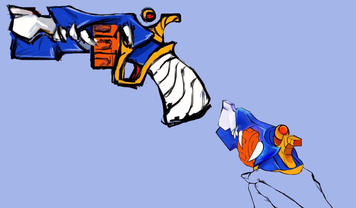 QuiteShallow's tweet photo. Sketches of the original Bitey design vs current one in Eldrich Break

I like the old one but it was not well suited for actual shooting, him literally spitting out bullets would be kind of funny, but we went with more 'functional' look https://t.co/fjXvhFw2Hj