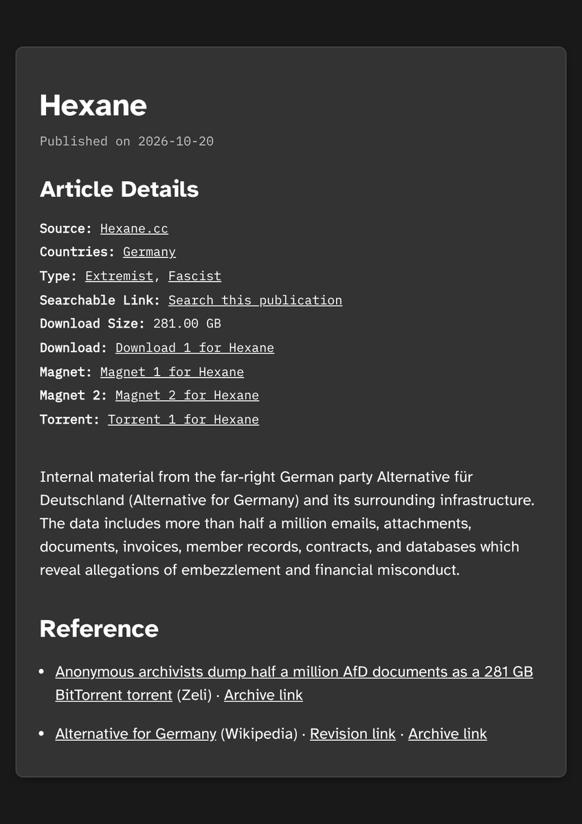 IntCyberDigest's tweet photo. ‼️ UPDATE: DDoSecrets has published the 281GB leak from Germany's far-right AfD for anyone to download.

It says the files reveal allegations of embezzlement and financial misconduct.

The AfD says hackers copied only parts of a few mailboxes, most unused for years. https://t.co/g0jn4HIFqu