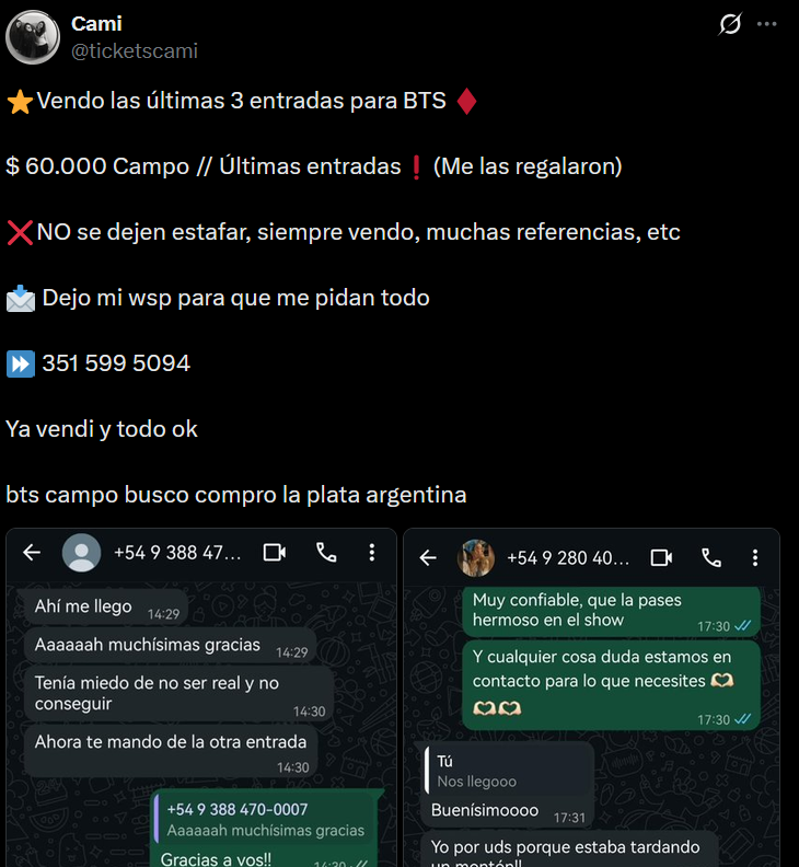 gatonegrocute's tweet photo. LECTURA DE TAROT A ESTAFADORA CAMILA ALVEDAÑO _camialvedano ig @ticketscami 3515995094 DNI 40.662.398  CUIT/CUIL 27-40662398-5

 bts entradas busco compro la plata argentina https://t.co/9RuQ6acf7y