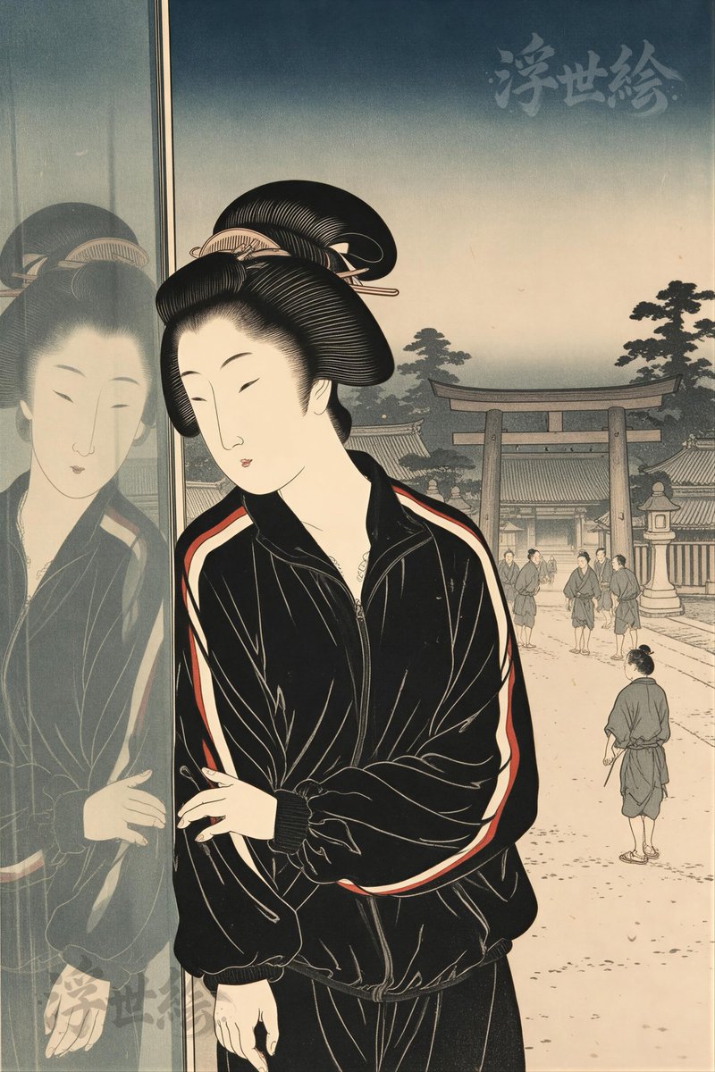 ai_ukiyoe's tweet photo. 古典的な美しさと現代のストリートが融合！浮世絵のようなしっとりとした表情の美人画に、鮮やかなトリコロールラインのジャージ姿が意外性を生み出します。

#旧車 #Tシャツ #ukiyoe https://t.co/m084oGcTMj