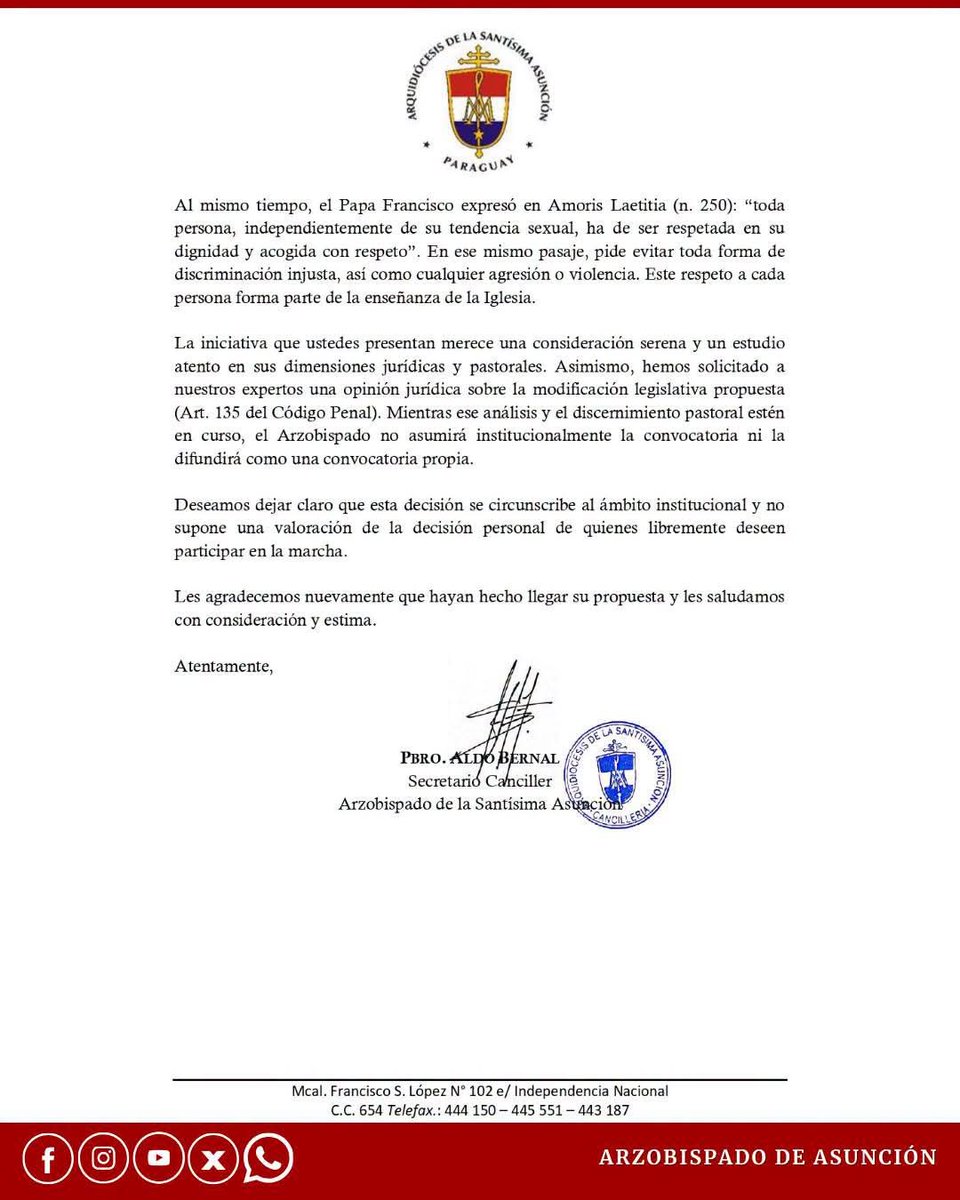 molimolinas's tweet photo. Arzobispado de la Iglesia Católica no convoca marcha del 21 de octubre. 

Sobre la cuestión de género recordó la encíclica Amoris Laetitia y la obligación de respetar a toda persona en su dignidad sin discriminaciones.

#Paraguay #Igualdad

@UltimaHoracom
https://t.co/hpBG11yDIW https://t.co/06OBsgIQ3q