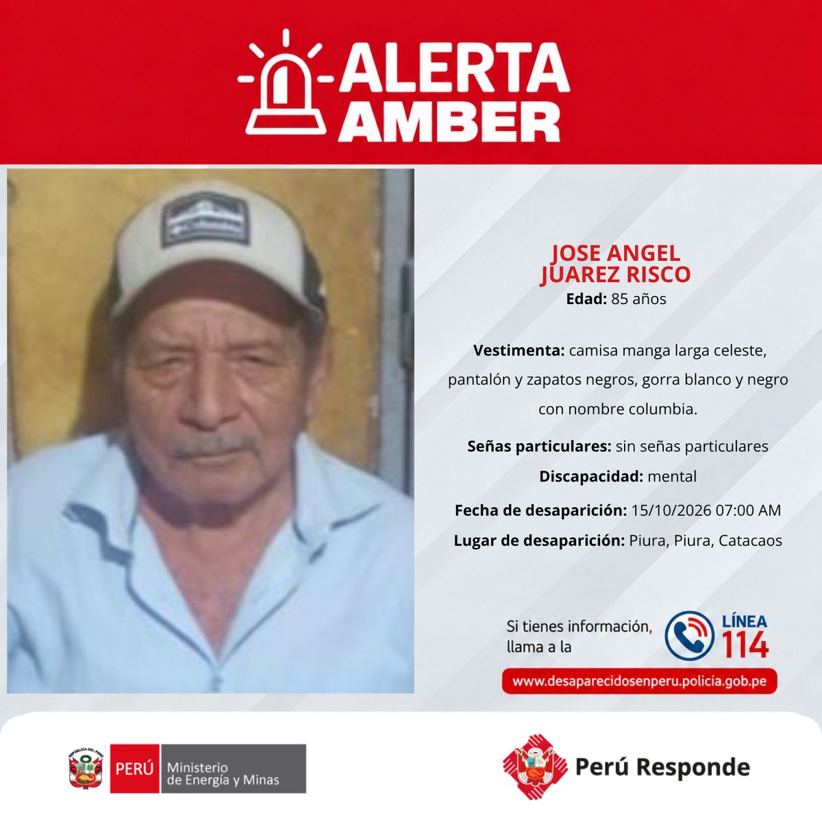 MinemPeru's tweet photo. #AlertaAmber 🚨 Se encuentran desaparecidos:

🚨 NICOL MARIELENA CHAVEZ RODRIGUEZ, de 10 años.
🚨 YASIRA SOLEDAD GARCIA SALES, de 22 años.
🚨 SHARLENE MARJORIE QUIÑONES INGA, de 27 años.
🚨 JOSE ANGEL JUAREZ RISCO, de 85 años.

☝🏻Si los has visto, comunícate con la línea 📲 114 de la Policía Nacional del Perú.