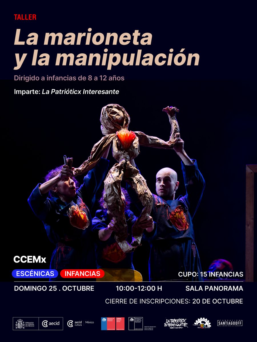 ccemx's tweet photo. 🎭 𝐓𝐚𝐥𝐥𝐞𝐫 | 𝐋𝐚 𝐦𝐚𝐫𝐢𝐨𝐧𝐞𝐭𝐚 𝐲 𝐥𝐚 𝐦𝐚𝐧𝐢𝐩𝐮𝐥𝐚𝐜𝐢𝐨́𝐧

¿Cómo transformar un trozo de papel en un personaje capaz de contar historias?

En el marco de Mi fuego, delirios teatrales para niñxs, la compañía chilena La Patrióticx Interesante propone un taller para experimentar con las posibilidades expresivas del papel y la manipulación de marionetas. A través del juego y la creación colectiva, las y los participantes darán cuerpo y movimiento a sus personajes y construirán pequeñas historias.

Una actividad que acerca el lenguaje del teatro de objetos a la imaginación y la exploración artística.

🎭 Imparte: La Patrióticx Interesante, compañía chilena de teatro de calle que trabaja con la performance, la intervención urbana y los procesos de creación comunitaria.

🔗 Inscripciones en https://t.co/kPxVptC77C