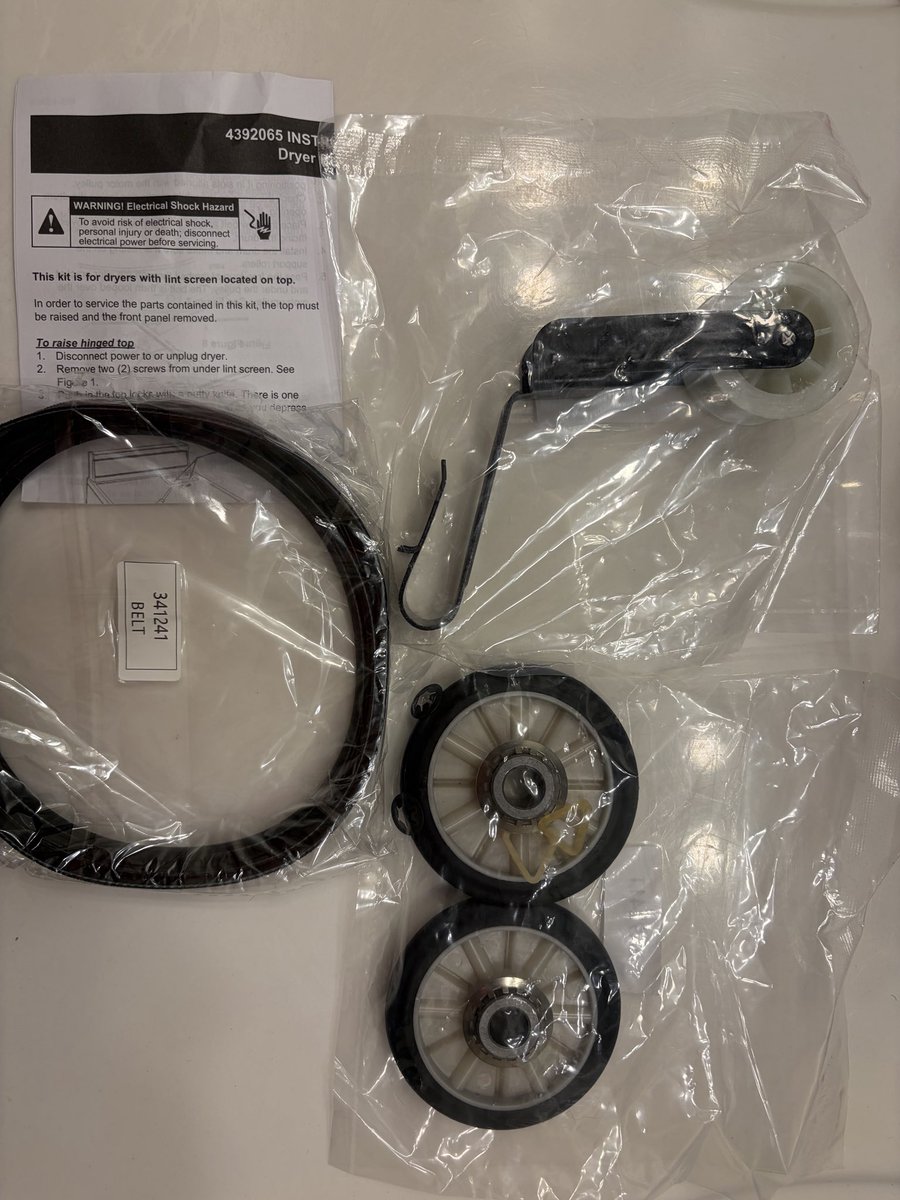 Ocean_Flow1's tweet photo. Dryer noise cheat sheet:

Squeal at startup → idler pulley
Thump-thump → drum rollers
Motor hums, drum won't turn → belt

One aftermarket 4392065-compatible kit covers all three: belt, 2 rollers, idler. $16.99, free shipping. Check your model takes 4392065. Link below 👇 https://t.co/fZ05EvlG5D