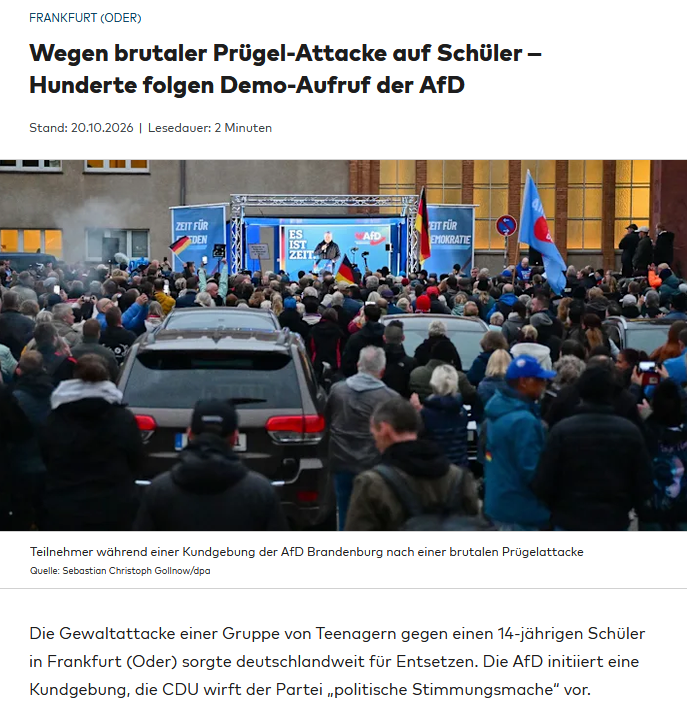 PeterBorbe's tweet photo. Genau deswegen werden die Wahlergebnisse für die CDU immer schlechter:
Wir alle kennen den Fall der Prügelattacke überwiegend migrantischer Teenager auf einen 14-jährigen Schüler in Frankfurt (Oder).  Nun die unterschiedliche Reaktion der Parteien:
Die AfD initiierte dazu eine Kundgebung, um auf das Problem aufmerksam zu machen. Es ist ja beileibe nicht der erste Fall dieser Art gewesen.
Und was macht die CDU? Sie wirft der AfD „politische Stimmungsmache“ vor - wegen dieser Kundgebung.

Noch Fragen?
https://t.co/gF6MmnzKE3