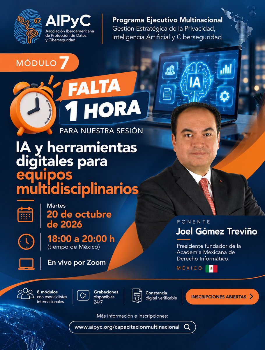 aipyc_org's tweet photo. ⏰ ¡FALTA 1 HORA!

🤖 IA y herramientas digitales para equipos multidisciplinarios.

Hoy, con @AbogadoDigital Joel Gómez Treviño 🇲🇽, en el Módulo 7 de AIPyC.

🕕 18:00 hrs. (México) | 💻 Zoom

Una oportunidad para ampliar tu perspectiva y fortalecer tus herramientas profesionales frente a los desafíos de la transformación digital.

¿Te sumas?

✅ Inscripciones abiertas.
https://t.co/EqRfCMEdCa

#AIPyC #InteligenciaArtificial