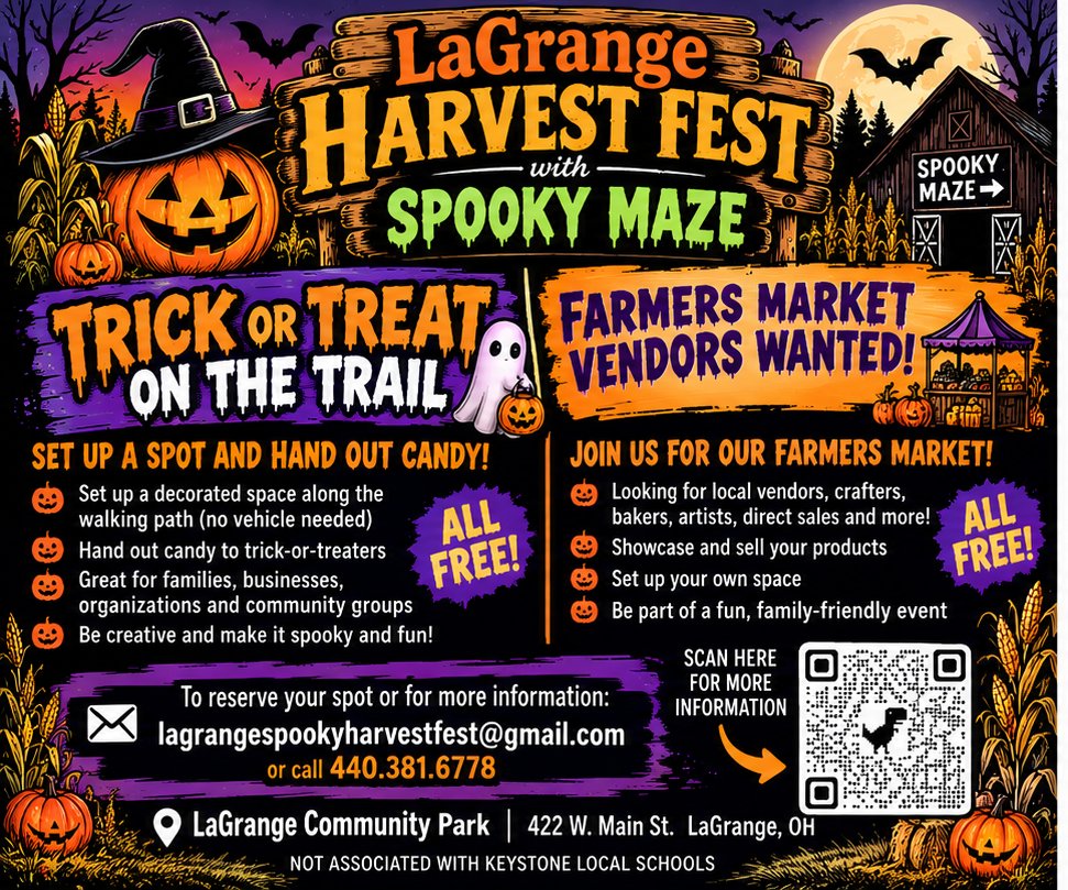 KeystoneSchools's tweet photo. Community Event - seeking volunteers and vendors for LaGrange Harvest Fest. 

*This event is not associated with Keystone Local Schools. https://t.co/Q2cXAVFXWL