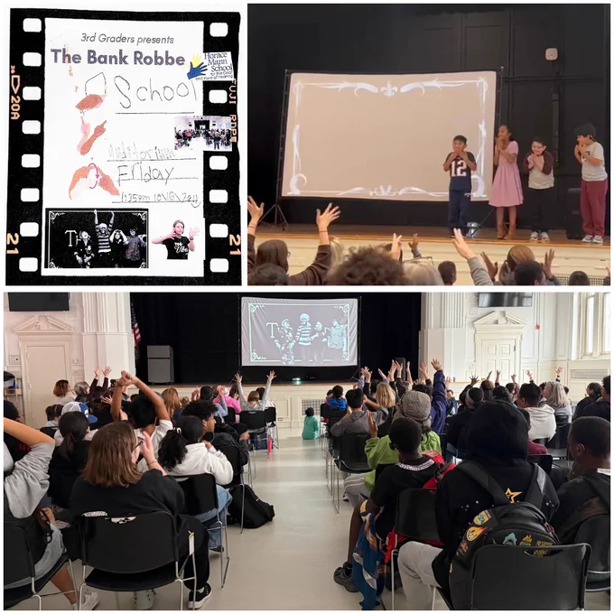 Collage of three photos. Top left: A film poster titled "3rd Grade Presents The Bank Robber" with the HMS logo framed inside a filmstrip border. Top right: Four student filmmakers stand on stage signing "thank you" in ASL next to the film's end screen as audience members wave their hands in visual applause. Bottom: A wide view from the back of the auditorium showing seated audience members with hands raised in applause, facing the stage and projected movie screen.
