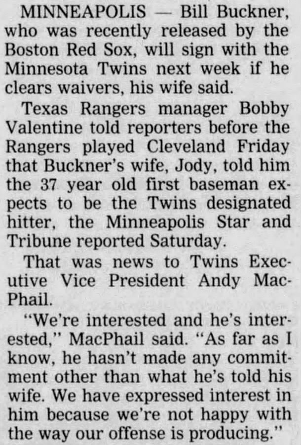 walkoffstudios's tweet photo. After the Red Sox released Bill Buckner in 1987, Buckner's wife told Bobby Valentine that he was going to sign with the Twins

The Twins apparently had no idea https://t.co/JlIV1twfwi