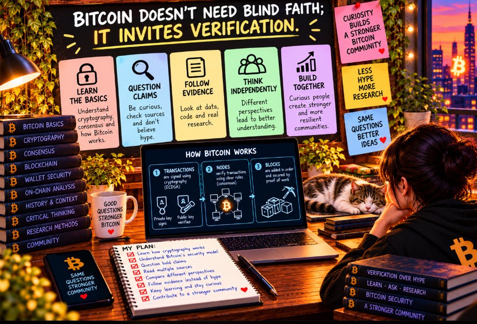 defitaitan's tweet photo. Bitcoin doesn’t need blind faith; it invites verification. Learn how cryptography works, question bold claims, and follow evidence instead of hype. The strongest communities are built by curious people who keep learning and thinking independently. @1096361BTC https://t.co/MtEfkASfgz