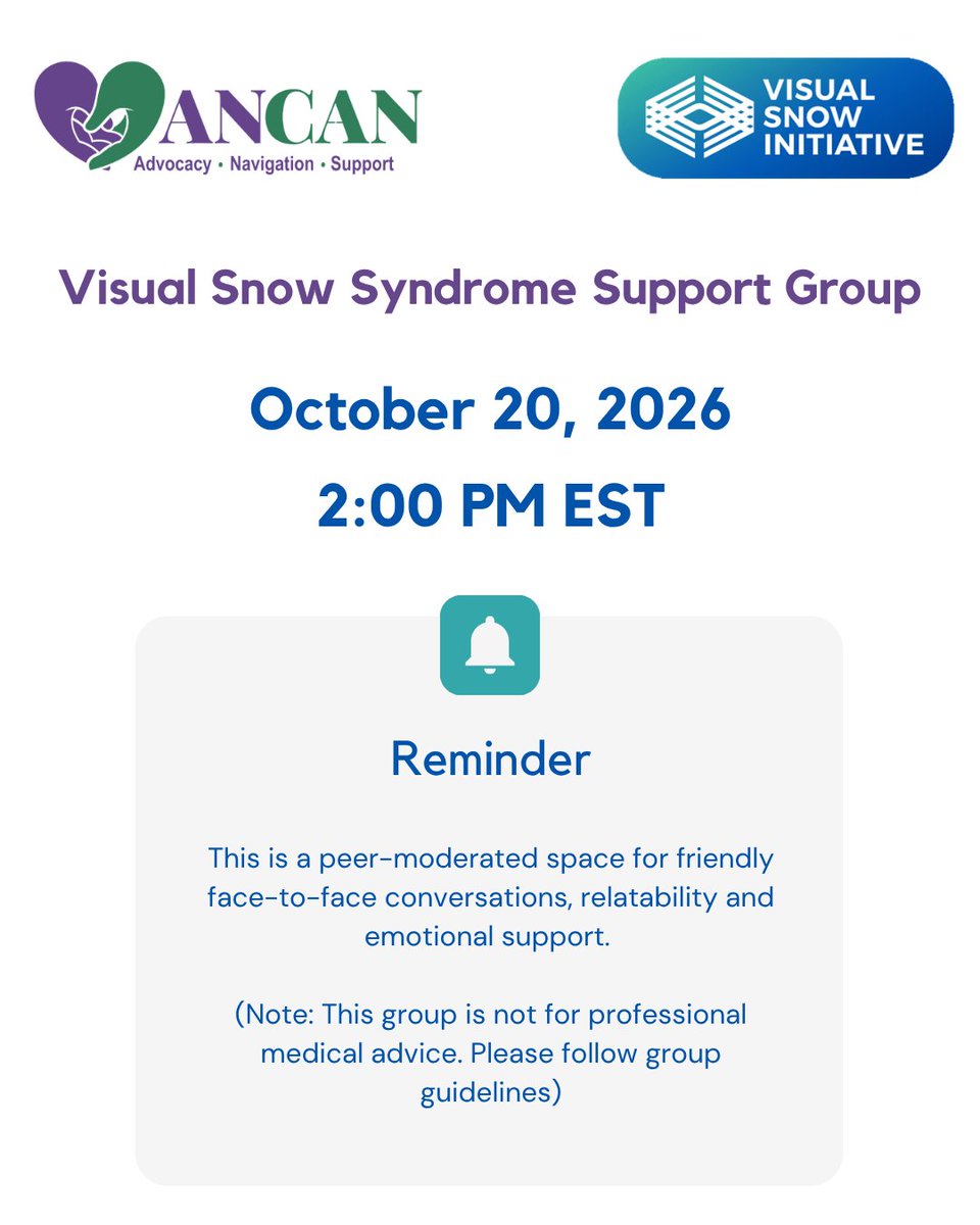 VisualSnowInit's tweet photo. Join us TODAY for our #VisualSnowSyndrome Support Group @ 2:00 PM (EST)! 💬

📅 Don’t forget to mark your calendar for future sessions:
Every first Wednesday of the month at 8:00 PM EST
Every third Tuesday of the month at 2:00 PM EST https://t.co/Fp1NvSZ5UO