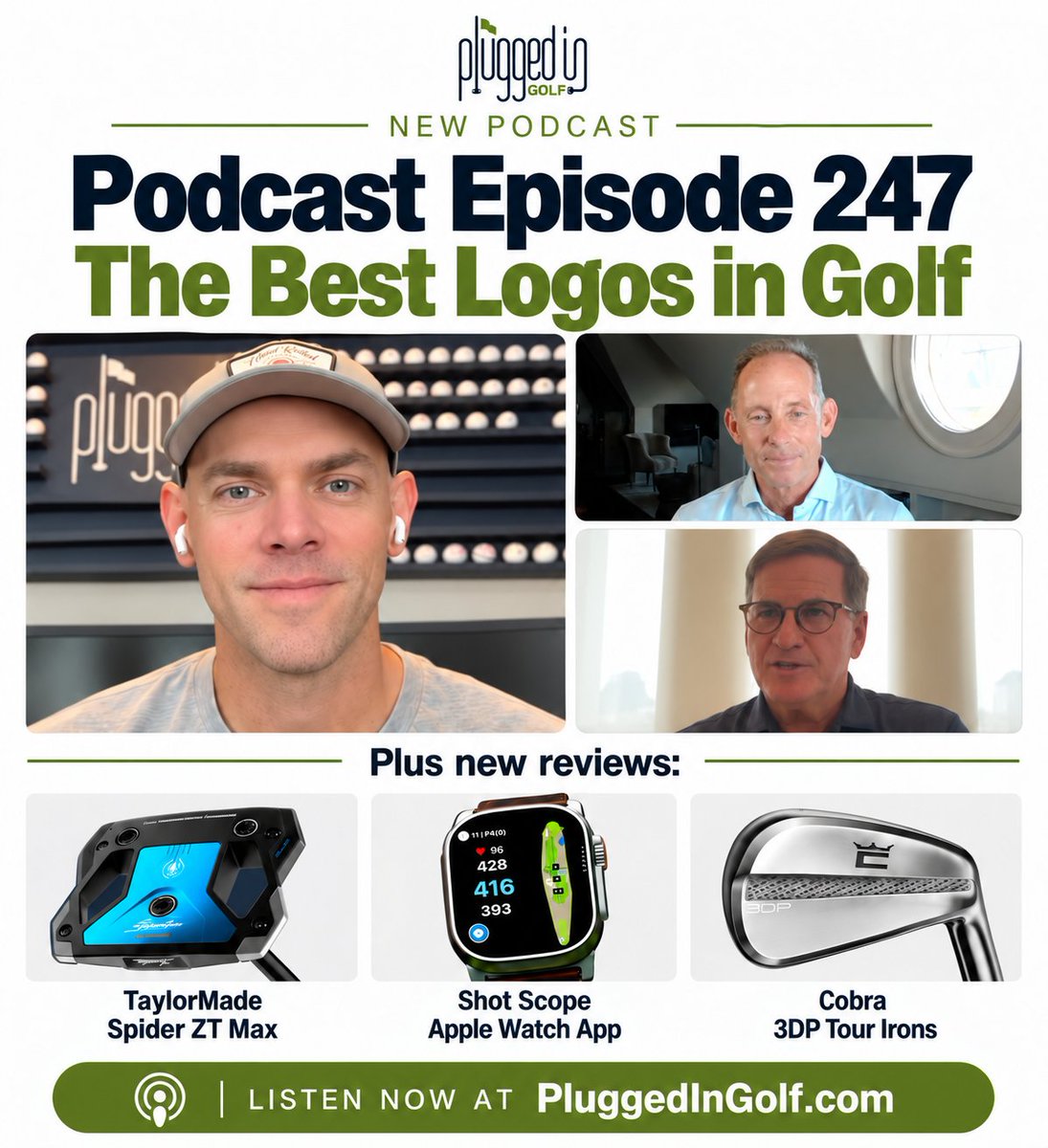 PluggedInGolf's tweet photo. NEW PODCAST: What makes a golf logo truly great? On Episode 247 we sat down with the authors of "The Best Logos in Golf." + new reviews on @TaylorMadeGolf, @cobragolf, and @shotscope 

1- YouTube link: https://t.co/08tnVu6zVM

2- OR Apple Podcast:
https://t.co/xP6Et0Be5A https://t.co/MSnw7ddCI9