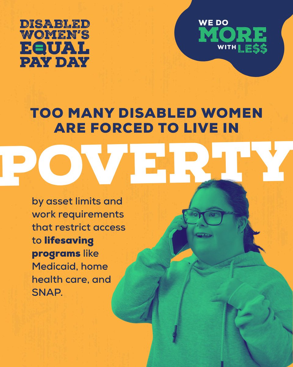 TCFdotorg's tweet photo. Today is Disabled Women’s Equal Pay Day. 

Did you know that disabled women workers are typically paid 56 cents for every dollar paid to nondisabled men? 

At TCF, we're working on developing the policies we need to ensure disability and poverty no longer go hand in hand— to make economic justice a reality for disabled people in the United States: https://t.co/vdeyTpuPoV