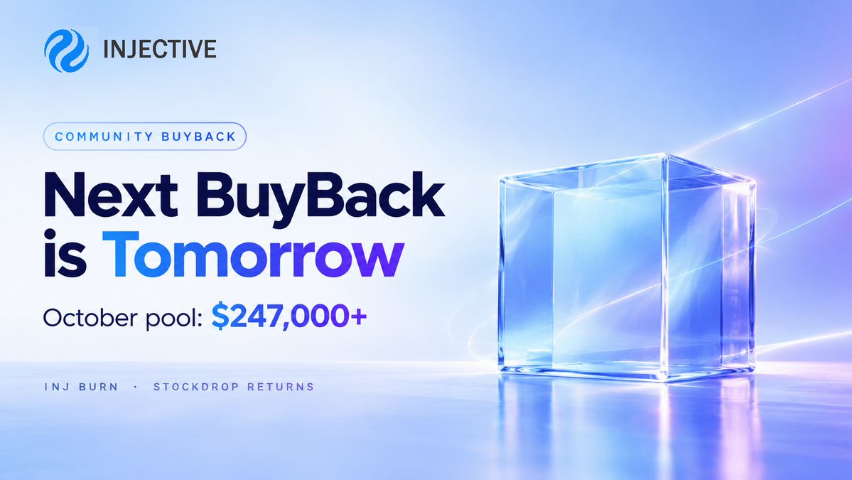 0xfamzy_'s tweet photo. Tomorrow, the @injective Community BuyBack returns with an October pool worth over $247,000. 🥷

Here’s why this event is worth paying attention to.

The Community BuyBack lets participants commit $INJ in exchange for a proportional share of revenue generated across the Injective ecosystem.

Once the event concludes, the committed INJ is permanently burned, while the revenue pool is distributed among participants based on their contributions.

That means the event connects two things: ecosystem activity and INJ’s token supply.

And there’s more this time.

Stockdrop is returning too. The program gives participating wallets a chance to receive tokenized stock rewards alongside their usual BuyBack rewards.

The specific Stockdrop rewards for October haven’t been announced yet, so keep an eye out for the details.

Another round, another INJ burn, and another look at how Injective connects ecosystem revenue with its tokenomics.

Follow @injective for the latest updates before tomorrow’s event.