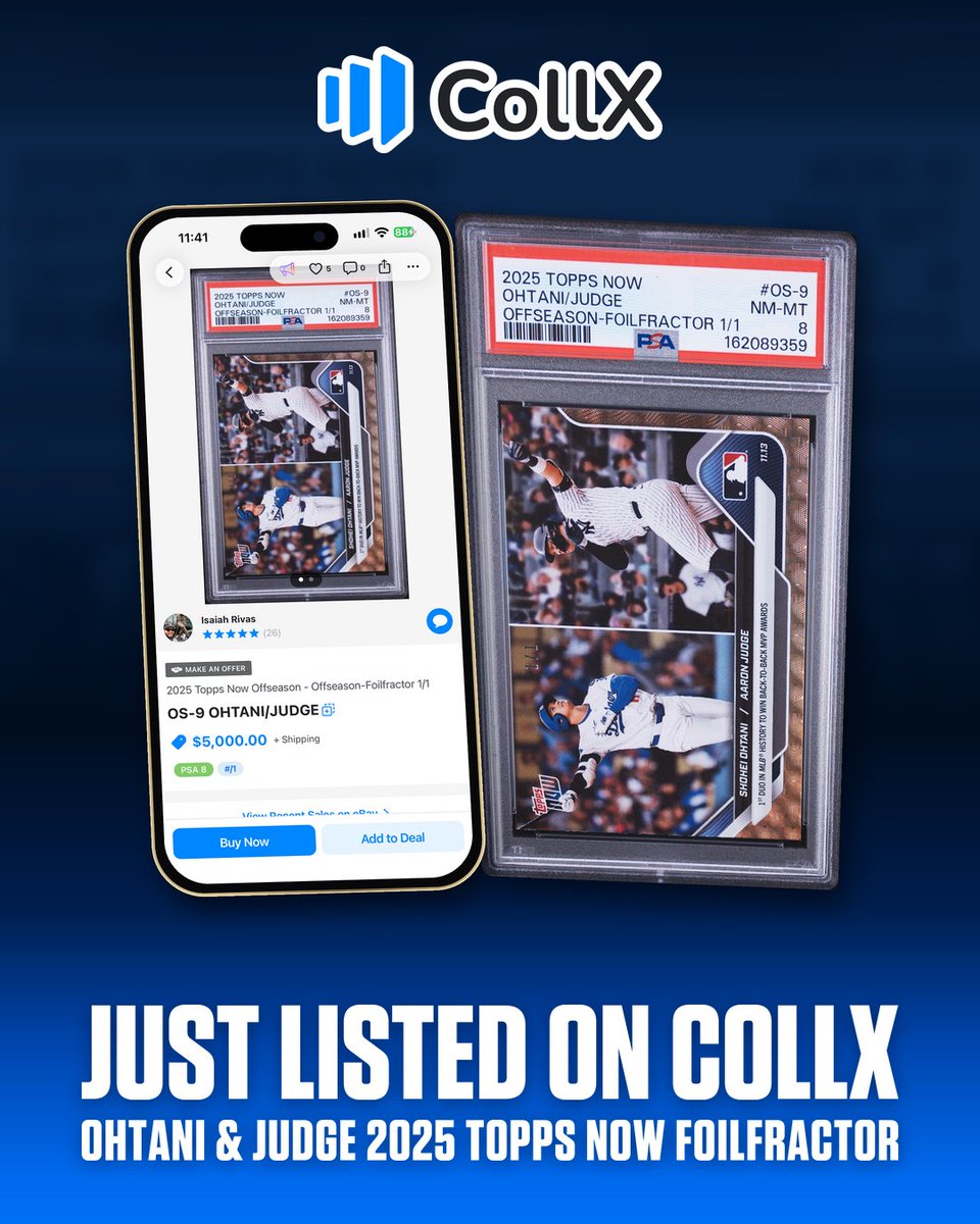 CollX_App's tweet photo. Two generational talents in the same 1/1! This PSA 8 2025 Topps NOW 1/1 Foilfractor of Shohei Ohtani and Aaron Judge brings together two of baseball’s biggest superstars on a card. Find it for sale now on CollX! https://t.co/avfSmyA5uS