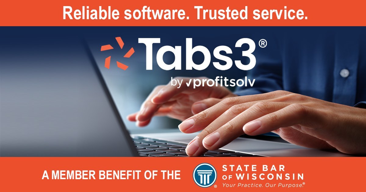 StateBarofWI's tweet photo. Tabs3 Software provides an intuitive, integrated suite of legal billing, practice management, accounting, payment, CRM, and website solutions designed to meet the needs of small to mid-sized firms. Plus, State Bar of Wisconsin members save 10%!

https://t.co/PbrDC6zbU5
https://t.co/woWEs9fcHh

#wisconsinlawyer #wisconsinlaw #wisbar