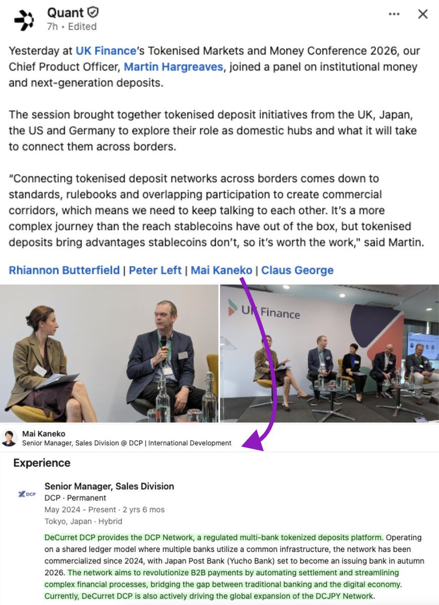 Tokenicer's tweet photo. 🚨MORE $QNT x Japan's Tokenized Deposit DCJPY hints

Quant CPO Martin Hargreaves discussing UK GBTD

He was joined by:

• UK Finance
• Lloyds
• DZ

We also see a key Japanese rep for DCJPY🇯🇵

Mai Kaneko, Sr Manager of DCP

DCP provides the network to DCJPY itself

And the DCP Network is built specifically as a regulated multi bank tokenized deposits platform

Exactly what we'd seen with UK GBTD

And what we're seeing now with TCH OCMI

Reminder that DCJPY was also mentioned alongside OCMI and GBTD at SWIFT SIBOS by SMBC too👀

Gilbert's also recently hinted at Programmable Yen next

And we can't forget the partnership with Dentsu Soken at the start of 2026 that set this ALL off

The pieces are coming together nicely now