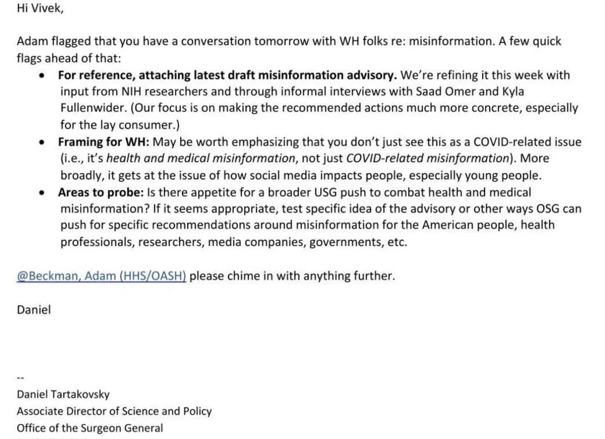 PublicsTrust's tweet photo. 🚨 New docs obtained by PPT show the Biden administration wanted to expand its “misinformation” suppression campaign far beyond COVID.

Former Surgeon General Vivek Murthy’s office pushed to target all “health and medical misinformation” and wanted to “more broadly … get[] at the issue of how social media impacts people.”

If asked whether censorship of Big Tech was cancel culture, his prepared answer was, “No, it’s the opposite actually,” even claiming it would ensure people had “more access” to information.

A memo to Murthy’s “Misinformation Tiger Team” proposed a “maximum pressure” campaign against technology companies, while acknowledging the effort could “politicize[] [the] office by further engaging in social media/censorship war.” They also took a victory lap over Twitter’s suspension of a member of Congress. 

Other documents reveal talking points the Surgeon General was given to address questions about vaccines and the spread of COVID:

- Guidance for “tough Q&A” listed “Talking about vaccine safety concerns” and “Providing minute details on the specifics of the FDA approval process” as topics to avoid. 

- The memo said to lecture Americans who had not received the shot, “If you are unvaccinated, you present a problem to yourself, family, and those with whom you work,” and also assert that “vaccine requirements will stop the spread of variants.” 

- States were told to “get out of the way” if they wouldn’t require masking in schools and parents were instructed to “have your kids wear masks.”

Meanwhile, an internal email acknowledged that team members had been “unilaterally focused on misinformation” for two to four weeks and needed to “walk and chew gum” to “drive some additional priorities,” suggesting concern that other responsibilities were being sidelined.

The reasons for the massive decline of public trust in health officials are reflected in these documents.