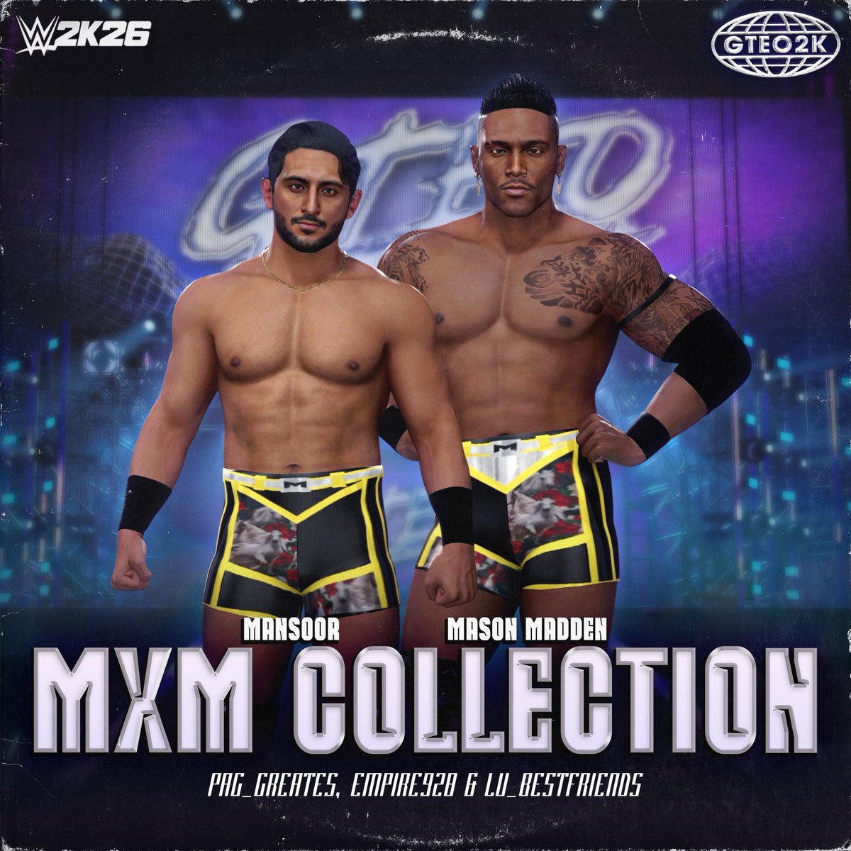 PAC_Creates's tweet photo. The MxM Collection is available NOW in #WWE2K26!

Brought to you by #GTEO2K
Collab with @3mpire928
Credit @travisalekz for Mason’s left arm tattoos
Movesets: @LU_BestFriends 

Download them now and follow @GTEO2K for more content! https://t.co/vQdNsAUGSY