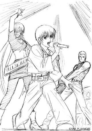 COTW_SNK_NeoGeo's tweet photo. The Orochi Team takes the stage: Chris on vocals, Shermie on keyboards and Yashiro on guitar, plus a solo sketch of Shingo Yabuki.

More sketches from the KOF 10th Anniversary Encyclopedia of KOF CD.

#SNK #KOF https://t.co/iAdVJlm39y