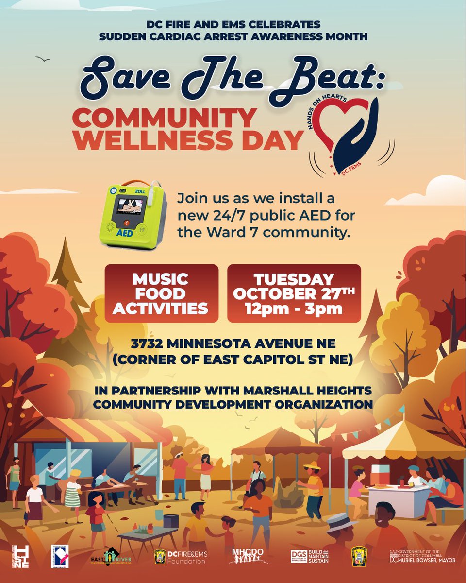 dcfireems's tweet photo. Join us as we install a new 24/7 public AED in Ward 7.

@dcfireems, @MHCDO and partners invite you to the Save the Beat Community Wellness Day    

Tuesday, 10/27/26  
12 pm -  3 pm  
3732 Minnesota Ave NE (corner of East Capitol Street NE)

*Music | *Food | *Activities https://t.co/JoxDMVGjnf