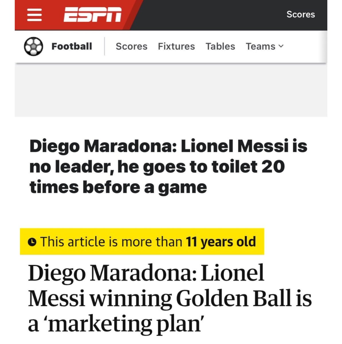 ExposingMessi's tweet photo. Diego Maradona, Messi's coach during the 2010 FIFA World Cup, said his player of the tournament award was a marketing plan and basically mocked him, not sure it can gets worse than this. https://t.co/IznPc3qk2b