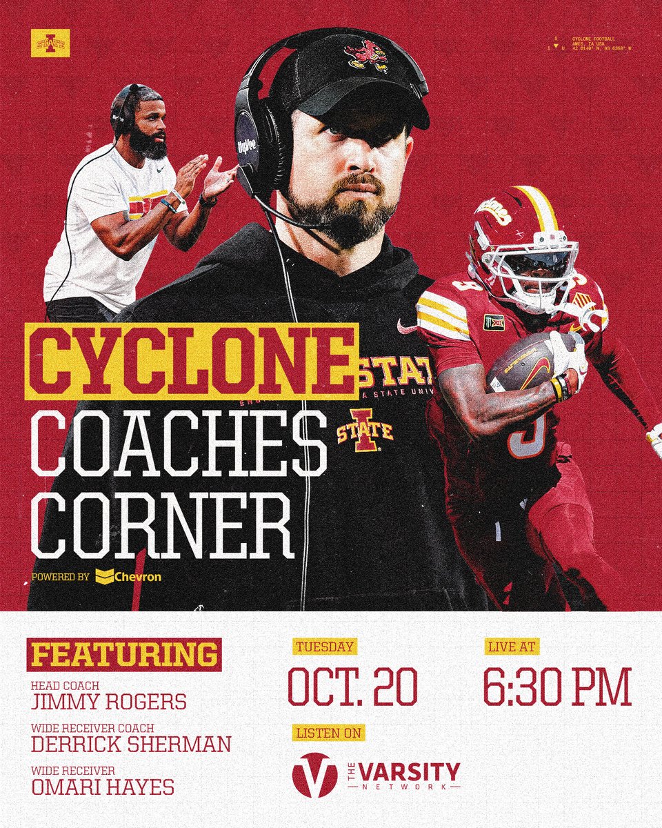 CycloneFB's tweet photo. 🎙️ Cyclone Coaches Corner 

🗣️ @ISURogers3 , @CoachSherms and @OmariHayes4 

Listen here: https://t.co/0urBM1B8S4 https://t.co/y6EZLZ0LLk