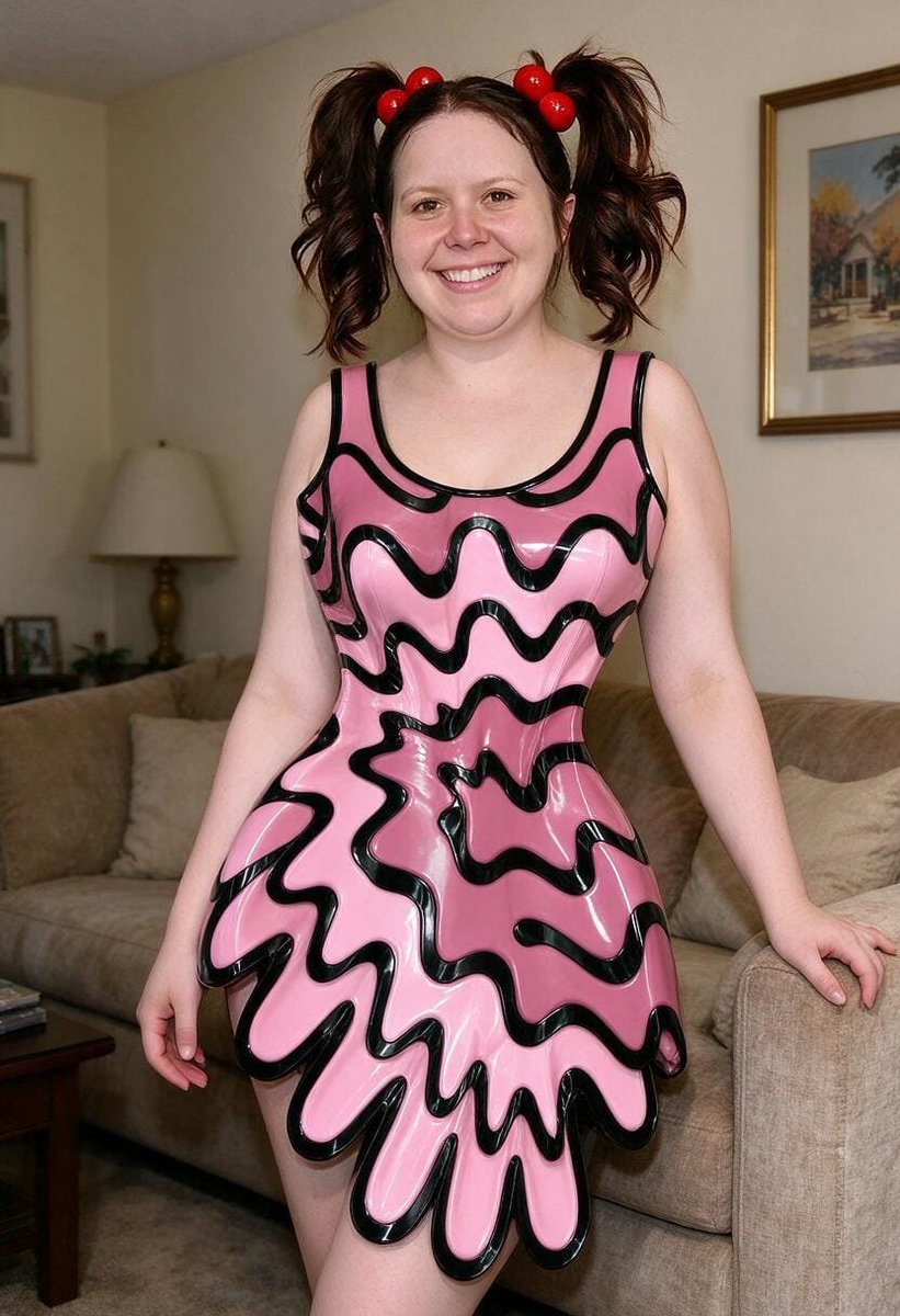 Lizzy1262629's tweet photo. Me in the living room. Pink and black wavy PVC dress with dripping hem, cherry buns, smiling, sofa and window behind me.
#PinkPVC #BlackTrim #WavyDress #DrippingHem #CherryBuns #LivingRoom #FetishFashion #NSFW #Smiling #StandingPose https://t.co/iCqVdrayDd