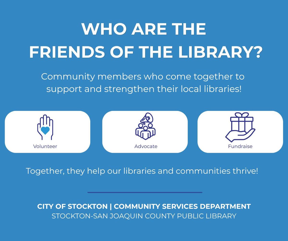 SSJCPL's tweet photo. It's National Friends of Libraries Week!

Friends of Libraries are community members who give their time, raise funds, and advocate for the libraries we all know and love. Their support helps create more opportunities for learning, connection, and community. https://t.co/oBCpZbX6gq