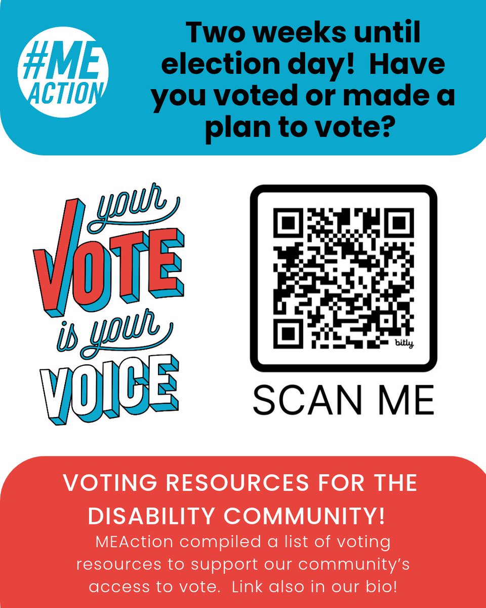 MEActNet's tweet photo. Two weeks until election day! Have you voted or made your plan to vote? 

In September, MEAction participated in the non-partisan Disability Voting Rights Week to help our community be prepared to vote. Check out these resources: https://t.co/avx2DfrD0a
#pwME  #Vote #CripTheVote https://t.co/RvmKSl8TLI