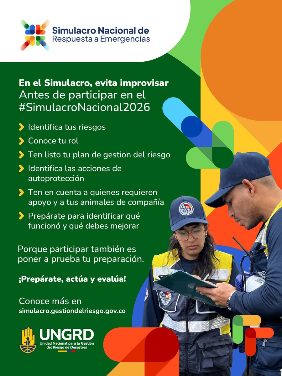 ARNColombia's tweet photo. 🚨 ¿Cada simulacro deja una enseñanza? Esa es la idea.

El #SimulacroNacional2026 nos permite fortalecer la respuesta del país poniendo a prueba nuestras capacidades, mejorando la toma de decisiones y convirtiendo cada ejercicio en una oportunidad para aprender.

Este 21 de octubre, participa y sé parte de una Colombia más preparada.

Aprende más en https://t.co/VZJE4whBrB