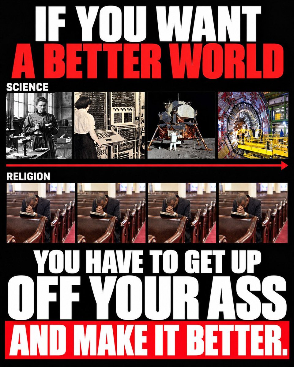 GodlessEngineer's tweet photo. Religion doesn't make anything better. If anything, it causes you to wait for things to magically fix themselves because a wizard decided to fix them.

Stop waiting for wizards to fix shit. https://t.co/G74JP3m1lx