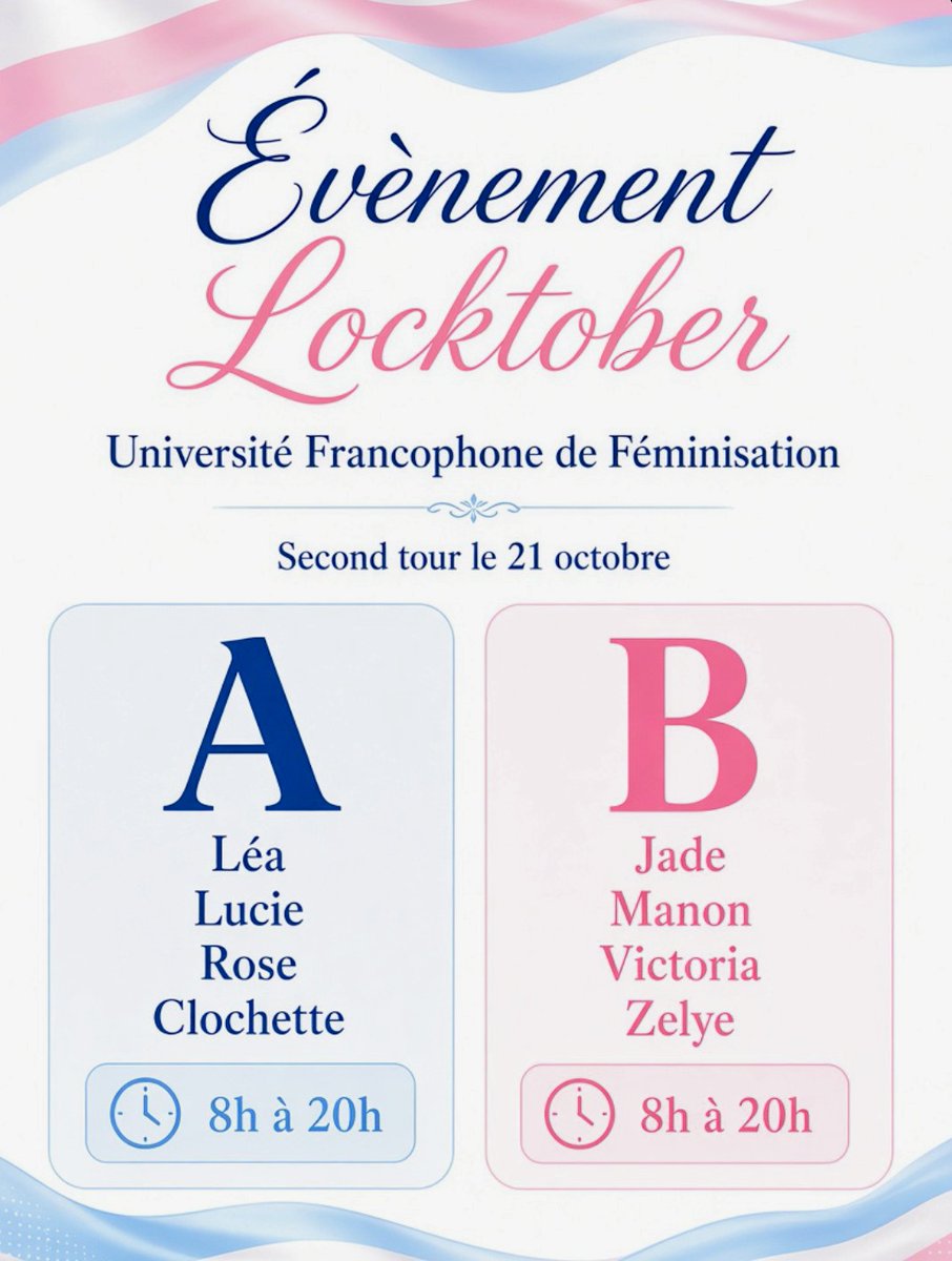 UFFeminisation's tweet photo. Grand concours du #locktober 
Le second tour commence demain matin 8h
Deux groupes composés des qualifiées du premier tour.
Les sondages seront postés simultanément ici, soyez nombreuses et nombreux à voter pour découvrir les demi-finalistes. 

Groupe A:
Léa @lea_obediente 
Lucie @SissyLucie12 
Rose @Sissy1Belle 
Clochette @Clochette_52 

Groupe B:
Jade @RPcompte674 
Manon @gjsocx 
Victoria @SissyMelody26 
Zelye @Zelye8 

@MadameJenny31 @SlutLoveHeaven
@MissSamaelle @haze_julien
 #concours #tournoi #chastity #chastete #feminisation #feminization