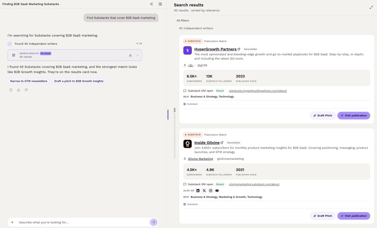 Featureddotcom's tweet photo. New in Featured: Find Substacks.

Search 38,746 Substack publications by topic from the chat.

See subscriber counts, who have DMs open, and linked socials, then let Featured draft the pitch.

Try it for free on https://t.co/HNOdQ8EMOO https://t.co/VlpfCvBWVA
