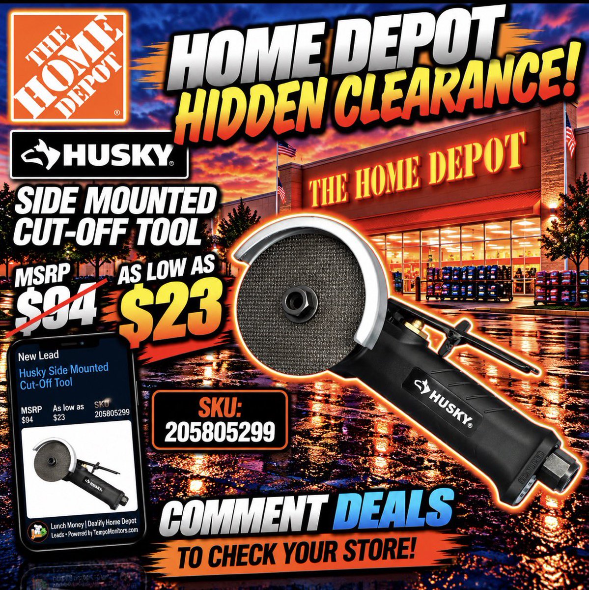 ClearanceCapt's tweet photo. 🚨 HOME DEPOT HIDDEN CLEARANCE! 🧡🛠️

🔥 Husky Side-Mounted Cut-Off Tool

💰 $94 MSRP → As low as $23! 🤯

That’s a potential 75% OFF! 👀

👇 Comment “DEALS” to find more hidden clearance deals!

#HomeDepot #HomeDepotDeals #HiddenClearance #ClearanceFinds #ToolDeals https://t.co/cKJfhOAfmb