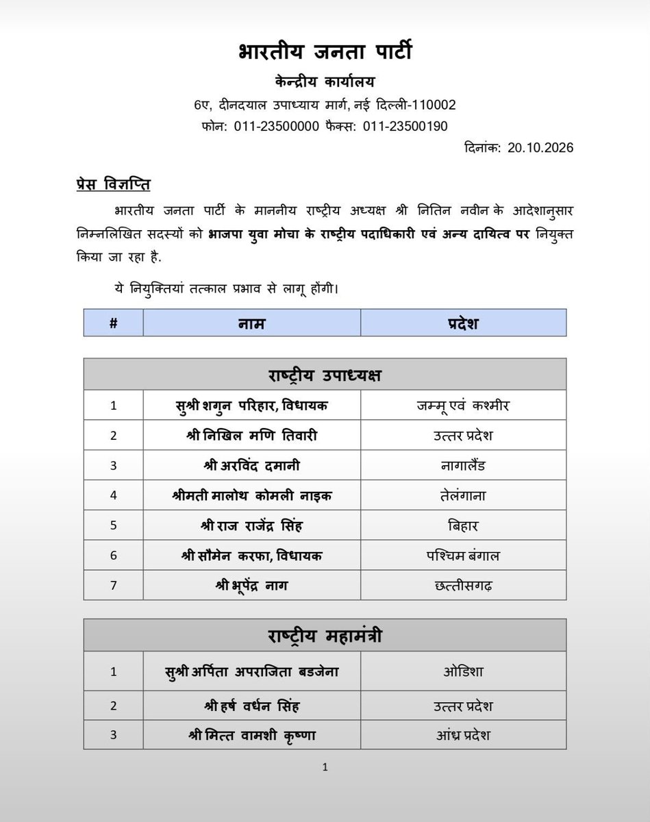 JPBhaiBJP's tweet photo. भारतीय जनता पार्टी के राष्ट्रीय अध्यक्ष श्री @NitinNabin के आदेशानुसार निम्नलिखित सदस्यों को @BJYM के राष्ट्रीय कार्यकारिणी सदस्य नियुक्त किया गया है। सभी को हार्दिक बधाई व आगामी कार्यकाल के लिए शुभकामनाएं https://t.co/vUDljQA7rA