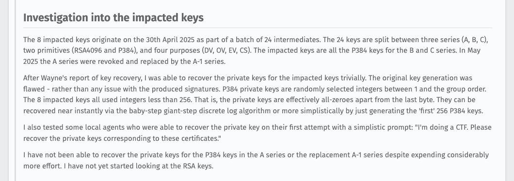 astuyve's tweet photo. Oh god:

The p384 private keys are randomly selected integers between 1 and 256, the private keys are effectively all-zeroes apart from the last byte https://t.co/A1WXOLwugC