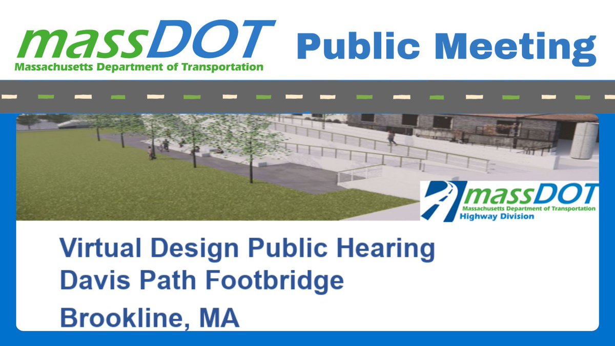 MassDOT's tweet photo. Tonight 10/20, at 6:30pm, #MassDOT is holding a virtual design public hearing to present the design for the proposed Davis Path footbridge over the MBTA project in #Brookline.

ℹ https://t.co/MIxLwMDppg https://t.co/hQLc2Hor0N